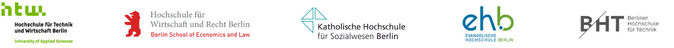 Logos des Hochschulverbundes Zukunft findet Stadt - Hochschulnetzwerk für ein resilientes Berlin. Bestehend aus KHSB, EHB, HTW, BHT und HWR.