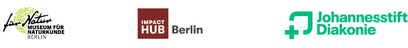 Logos der Kooperationspartner InnoHS Projektes Zukunft findet Stadt - Hochschulnetzwerk für ein resilientes Berlin. Museum für Naturkunde, Impact Hub Berlin und Johannesstift Diakonie.